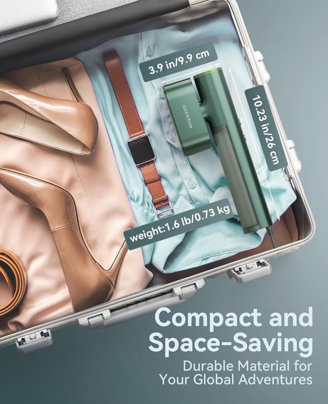 Detalle de Jack & Rose dual-voltage travel clothes steamer (100–240V) with 15s heat-up and 2-in-1 dry/wet ironing