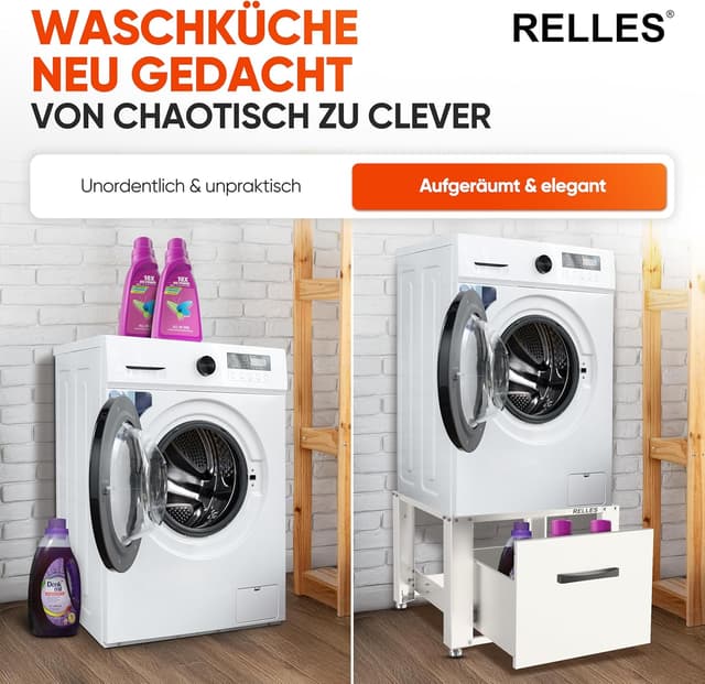 Detalle 2 de RELLES Waschmaschinen-Untergestell mit Schublade bis 500 kg, Stahlrahmen & höhenverstellbaren Füßen