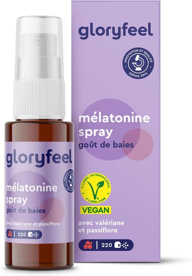 Detalle de Gloryfeel Spray Mélatonine Baies Premium (1 mg) avec B1 & B6, lavande, valériane et passiflore – sans alcool, sans sucre, vegan