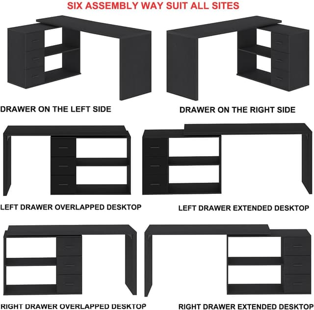 Thumbnail 6 de HSH Eckschreibtisch in L-Form mit Schubladen, umkehrbar – großer Workstation-Arbeitsplatz (schwarz, 150 cm)