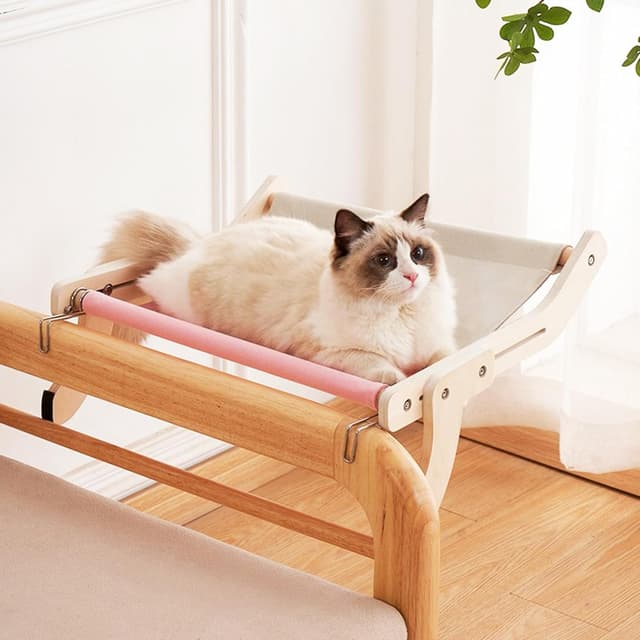 Detalle de TothDate Window Seat for Indoor Cats (Large) – Wooden Perch Hammock with Pink Fabric