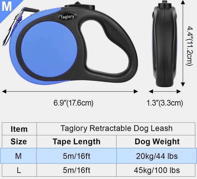 Detalle 2 de Taglory Retractable Dog Lead 5 m (Extendable, No-Tangle) for Small & Medium Dogs up to 20 kg, Blue