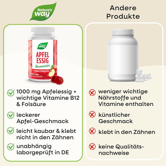 Detalle 2 de Apfelessig Gummies mit 1.000 mg Apfelessig-Komplex, Vitamin B12 & Folsäure – vegane Gummibärchen (60 Stk)