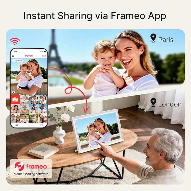 Detalle de Frameo 64GB 15.6" WiFi Digital Photo Frame (Classic White) – 1920×1080 FHD IPS Touch, Auto-Rotate