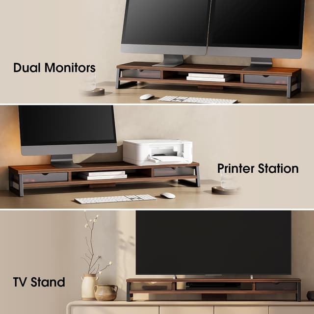 Detalle 2 de Fenge Dual Monitorständer Riser mit 2 Acryl-Schubladen, 2 Etagen – 108 cm, bis 45 kg (Braun)