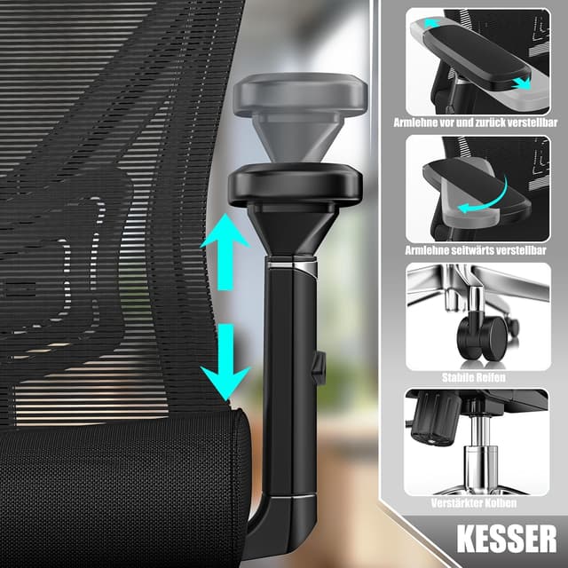 Detalle de KESSER ergonomischer Bürostuhl mit verstellbaren Armlehnen, Lordosenstütze und Kopfstütze