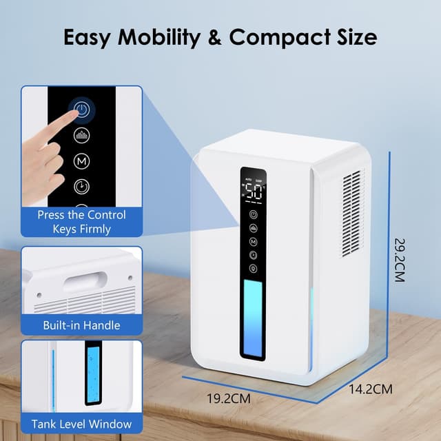 Detalle de Deumidificatore per casa con serbatoio da 2450 ml, controllo umidità e 3 velocità con timer fino a 48 ore