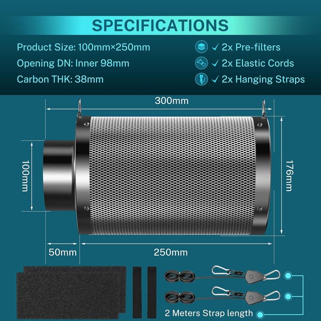 Detalle 2 de HG Power Filtre à charbon actif 100 mm (250 mm) RC-48 avec 2 pré-filtres – contrôle des odeurs pour ventilation en intérieur