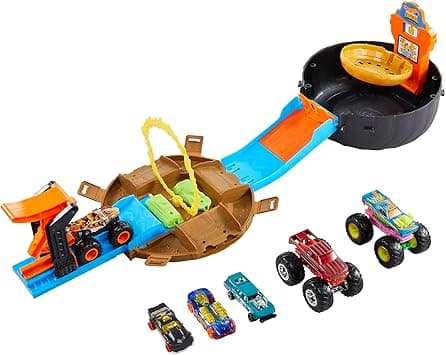 Detalle de Hot Wheels Monster Trucks Pista Acrobacias con 3 Vehículos 🚙