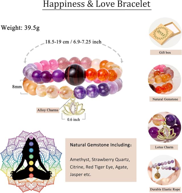 Detalle 2 de Bivei bracciali in pietra naturale con cristallo verde e charm loto, bracciali di perline 8 mm (set) per lei