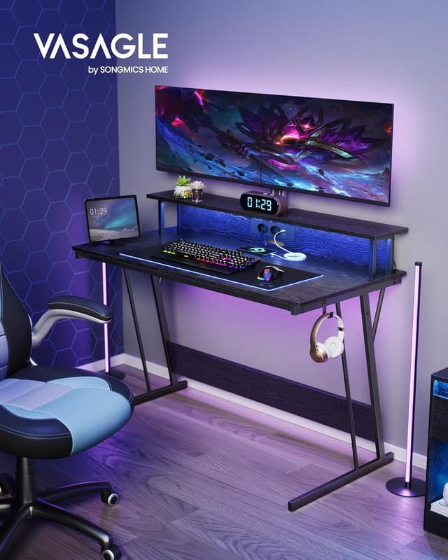 Detalle 2 de VASAGLE Scrivania da gaming LWD192B56 con luci LED, supporto per 2 monitor e prese di corrente, 60 x 120 x 76 cm
