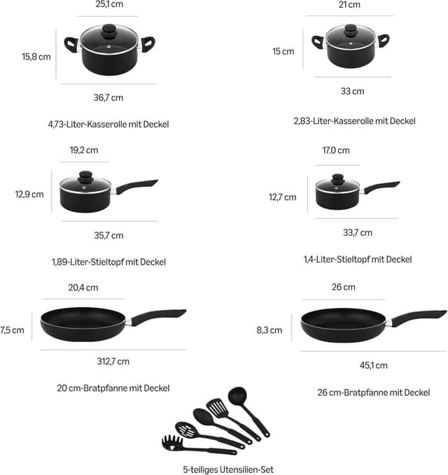 Detalle 2 de Amazon Basics Keramik Antihaft-Kochgeschirr 15-teiliges Set (schwarz) – Töpfe, Pfannen & Küchenhelfer