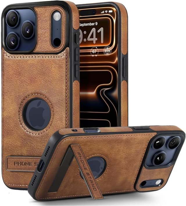 Detalle de KSELF Leather Case for iPhone 17 Pro Max (6.9") with Built-in Invisible Kickstand, Slim Protective PU Leather Case — Brown