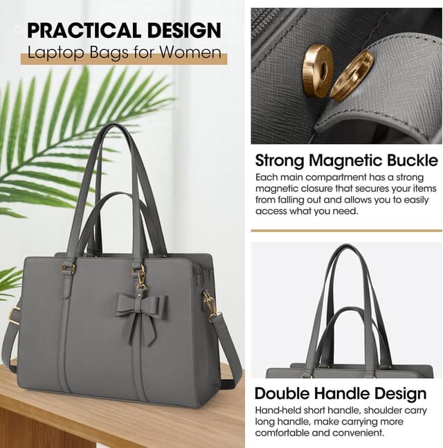 Detalle 2 de NEWHEY Handtasche/Shopper Damen für Laptop bis 15,6 Zoll (PU-Leder, grau) – Umhängetasche für Arbeit & Schule