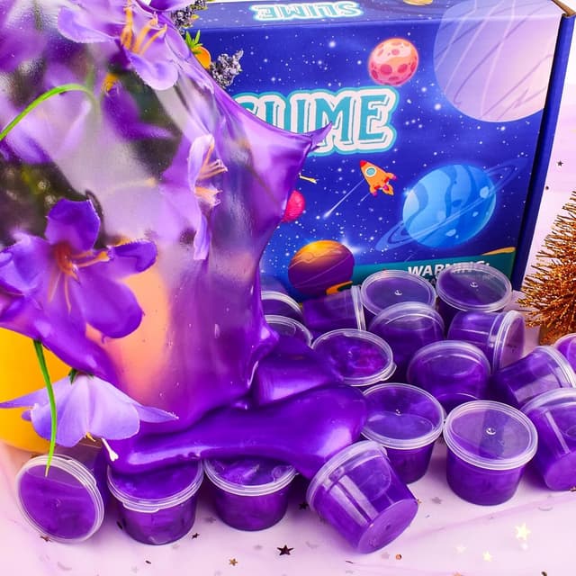 Detalle de Galaxy Slime 24 Pack (Purple) – Non-sticky, soft & smooth mini slime party favours