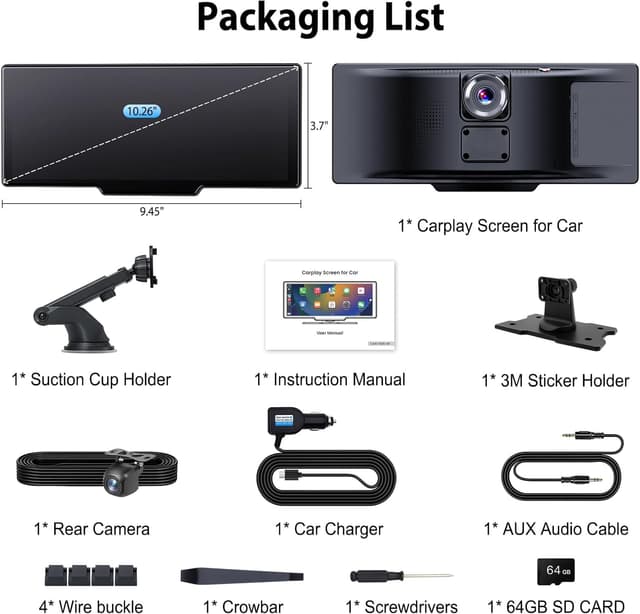 Thumbnail 6 de ELECROW 10.26” Wireless Portable CarPlay Screen with 4K Front & HD Rear Dual Dash Cam