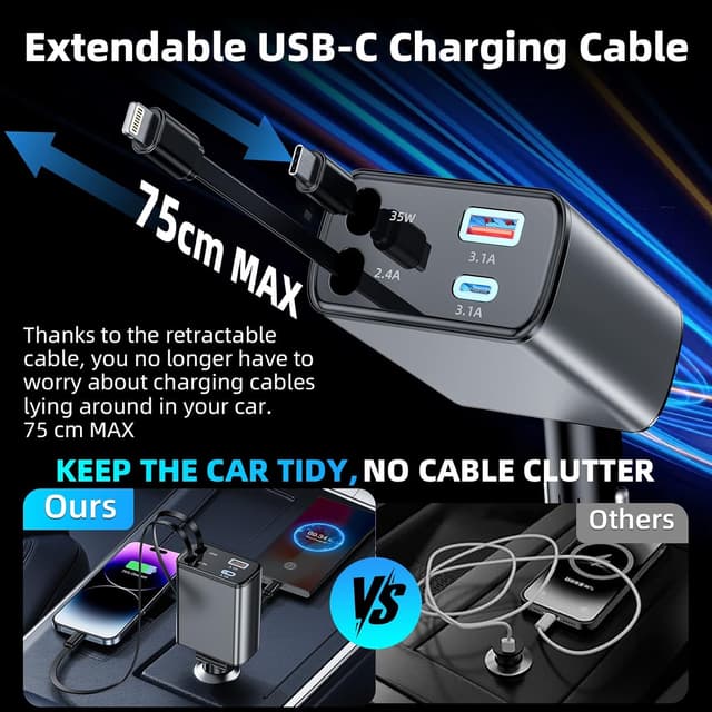 Detalle de 78W 4 in 1 caricatore auto USB-C retrattile con PD 3.0 e QC3.0