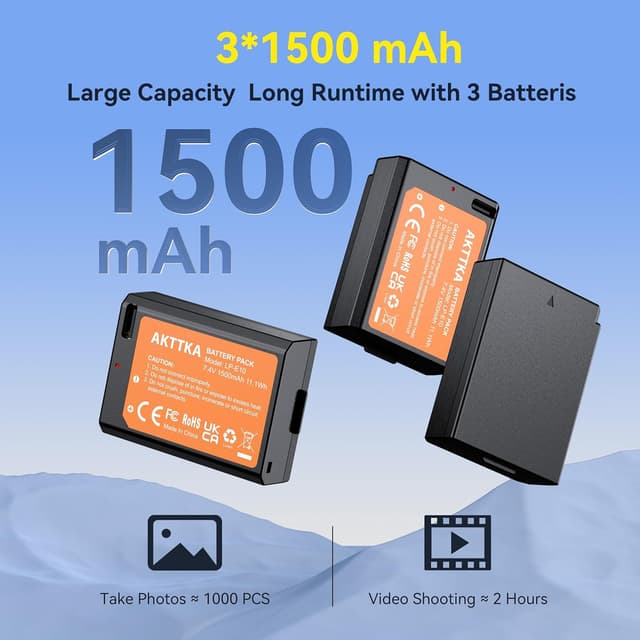 Detalle de Lot de 3 batteries AKTTKA LP-E10 1500 mAh avec charge directe USB-C (câble 2-en-1) pour Canon LP-E10