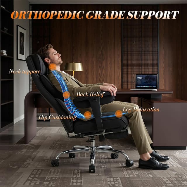 Thumbnail 6 de Efomao Big and Tall Office Chair (200kg) with Footrest – heavy duty executive desk chair in black