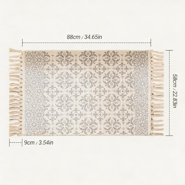 Detalle de MORROWCAMP Boho Cotton Small Rug 58x88 cm with Tassels – Beige Grey Moroccan Floral Style Woven Washable Rug