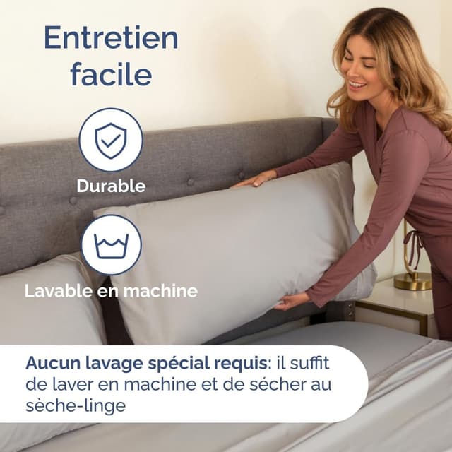 Detalle 2 de Ensemble de draps 4 pièces gris clair : drap plat 225x255, drap-housse 135x190 et 2 taies 50x80