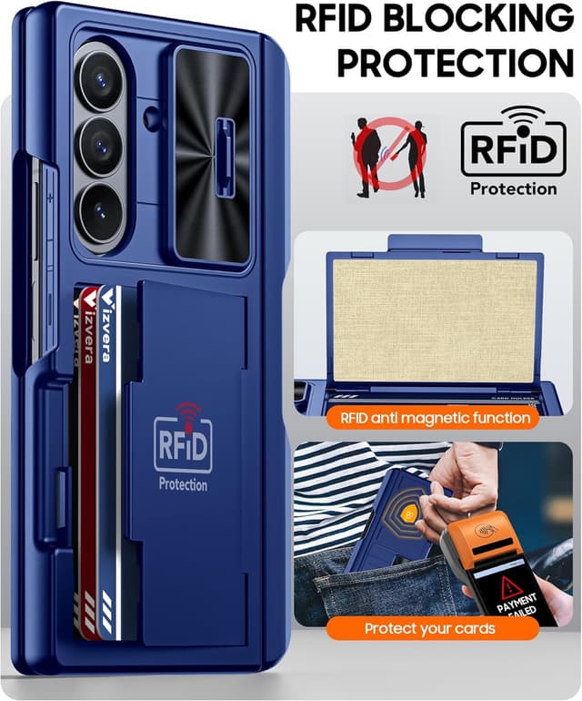 Detalle 2 de Vizvera Case for Samsung Galaxy Z Fold 7 (RFID Wallet + S Pen Slot + Sliding Camera Cover) – Blue