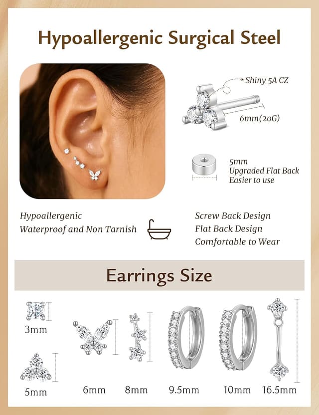 Thumbnail 6 de TINGN 7 Pairs Stud Hoop Earrings Set (14K Gold Plated) for Women – Hypoallergenic Huggie & Tiny Stud Mix
