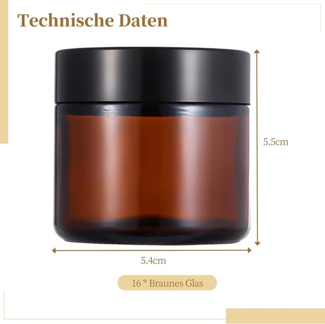 Thumbnail 3 de 16x 60 ml Amber-Glas-Leerdosen Set (braune Cremedosen) mit Schraubdeckel – nachfüllbare Kosmetikbehälter