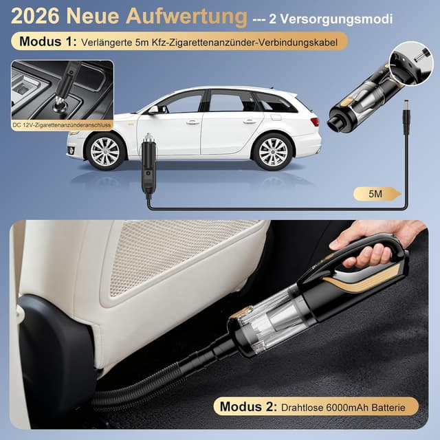 Detalle de Akku-Handstaubsauger 4-in-1 mit 27000 Pa und 5-m-Autoladegerät (12V) – kabellos fürs Auto und Zuhause