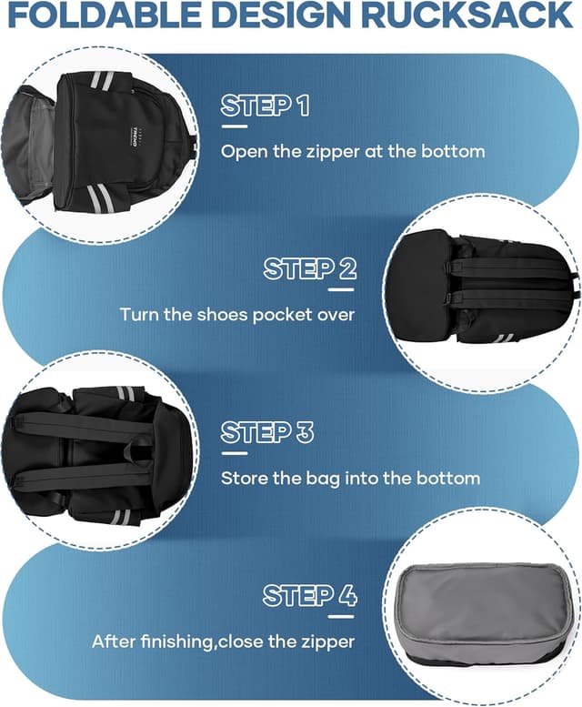 Detalle de SZLX Sportrucksack für Frauen mit Schuhfach, Nasstasche & faltbarem Handgepäck-Rucksack – wasserdicht, schwarz