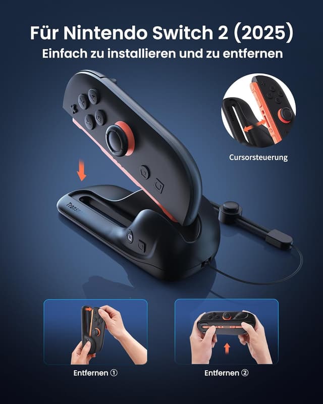 Detalle de TRANSNOVO 2er-Pack Mausgriffe für Nintendo Switch 2 Joycons – ergonomisch, rutschfest mit Handschlaufe
