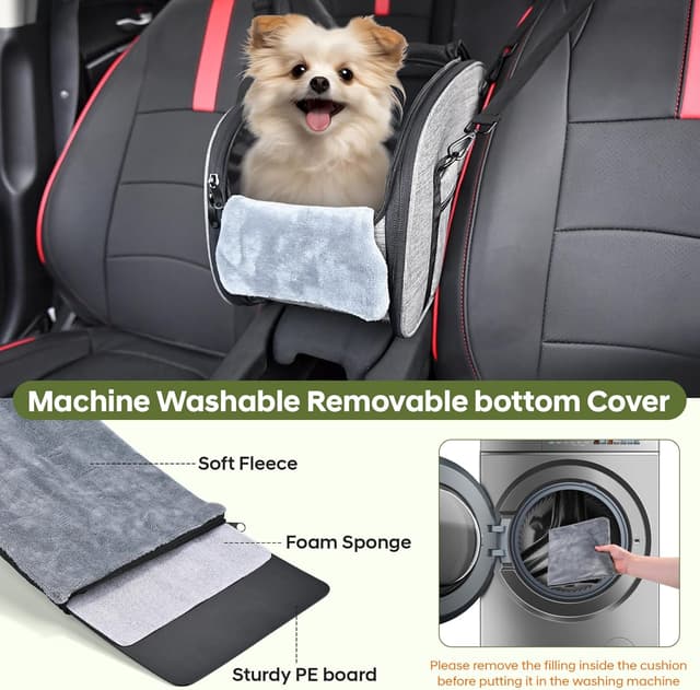 Detalle 2 de Petzauber Hundeautositz für kleine Hunde (Mittelkonsole) – doppelter Sicherheitsgurt, rutschfester Unterseite, waschbares Kissen, grau