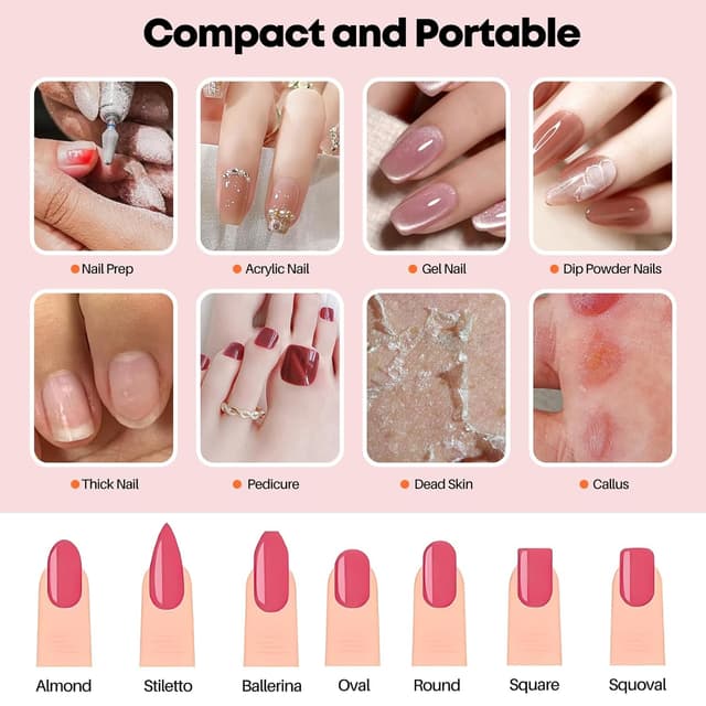 Detalle de Droyek Portable Electric Nail Drill Kit (30,000 RPM) with 13 Drill Bits & 50 Sanding Bands for Acrylic, Gel, and Extensions