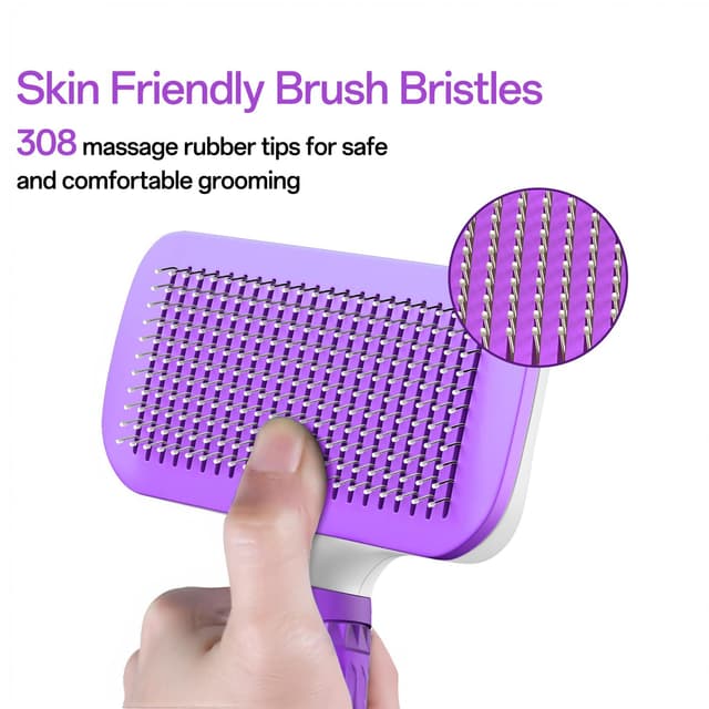Detalle de ACE2ACE Haustier-Bürste für Hund und Katze (Langhaar & Kurzhaar) mit One-Touch-Reinigung, Violett