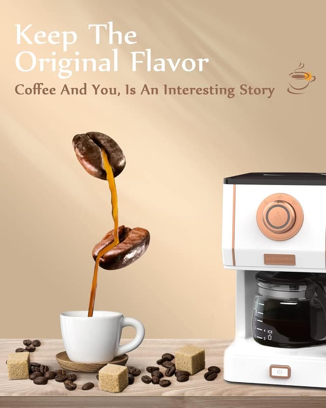 Detalle de Amaste Retro Style Coffee Machine with 25 Oz Glass Carafe, Reusable Filter & 3 Brewing Modes (White with Rose Gold)