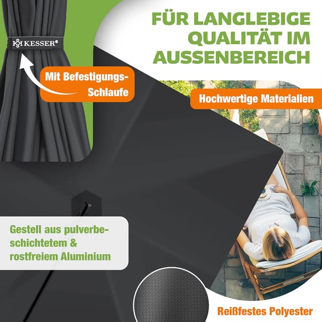 Detalle de KESSER® Kurbelschirm Sonnenschirm 250x250 cm mit Kurbel, 360°-Funktion und UV-/Wasserschutz (Anthrazit)