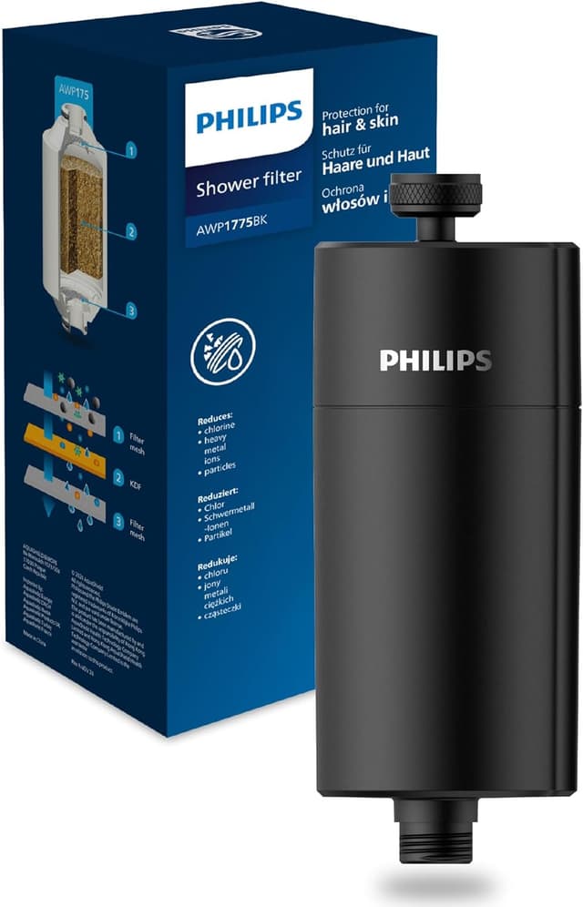 Detalle de Philips Water Wasser-Inline-Duschfilter 50.000.L (Schwarz) – reduziert Chlor im Duschwasser
