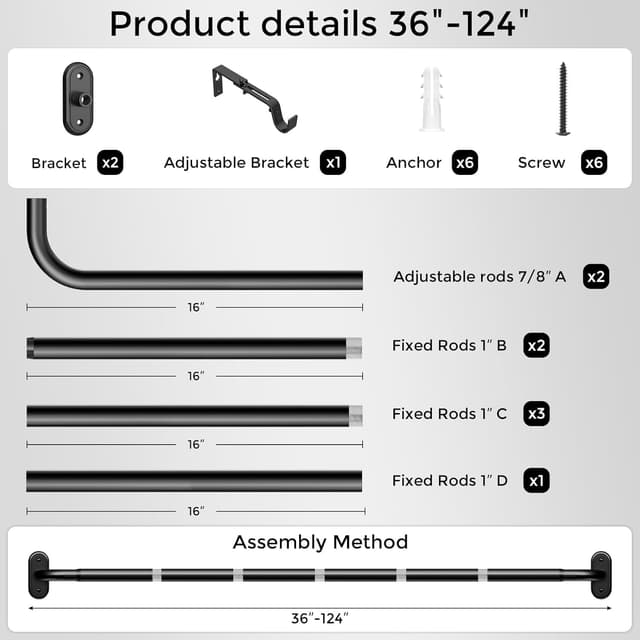 Thumbnail 6 de Wolistsa Adjustable Wrap Around Blackout Curtain Rod (66 to 120 Inch) in Black
