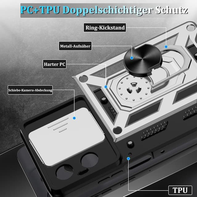 Detalle de Jshru Hülle für Motorola Moto G56 5G – Schiebedeckel Kameraschutz, 360° Ringständer & Stoßschutz