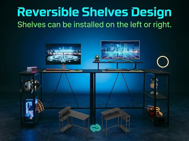 Detalle de Xyphren L Shaped Gaming Desk with RGB LED Lights, Power Outlets & Adjustable Shelves (Carbon Black)