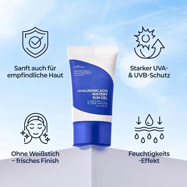Detalle 2 de ISNTREE Hyaluronic Acid Watery Sun Gel (50 ml) SPF 50+ PA++++ – leichtes Sonnengel für tägliche UV-Pflege