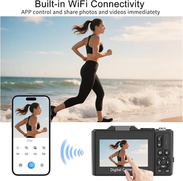 Detalle de Digitalkamera 5K 75MP mit WiFi & 18x Digitalzoom, 3,0" Klappdisplay 180° – Kompaktkamera für Foto, Reisen & Vlogging