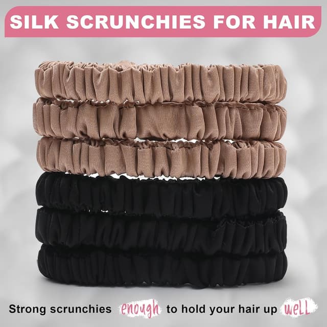Detalle 2 de 6Pcs Mulberry Silk Slip Skinny Hair Scrunchies (22 Momme) — 2-Color Ponytail Holders for Women & Girls, Color 02