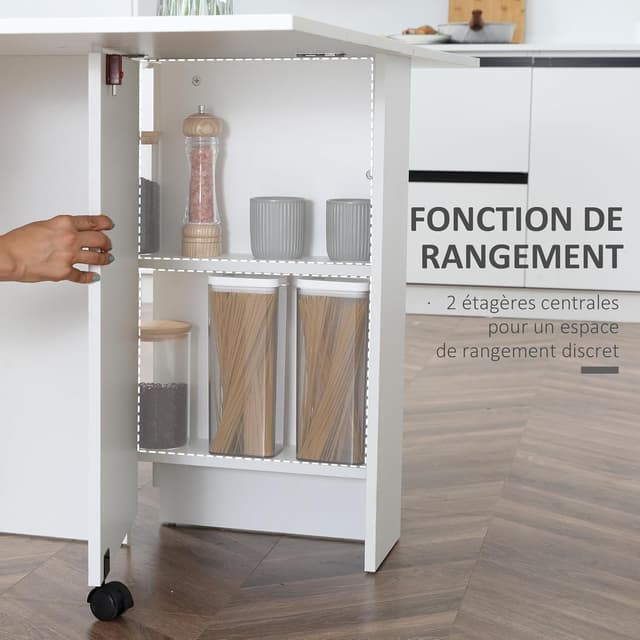 Detalle de HOMCOM Table pliante de cuisine extensible sur roulettes, 2 étagères intégrées, 75 x 140 x 74 cm, blanc