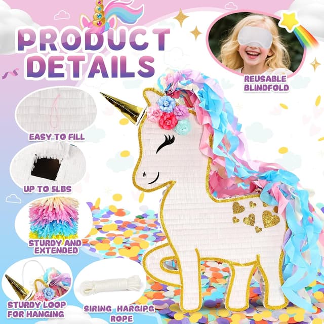 Detalle de 24" Large Rainbow Unicorn Piñata for Birthday Parties — White Magical Unicorn Party Decoration with Gold Horn