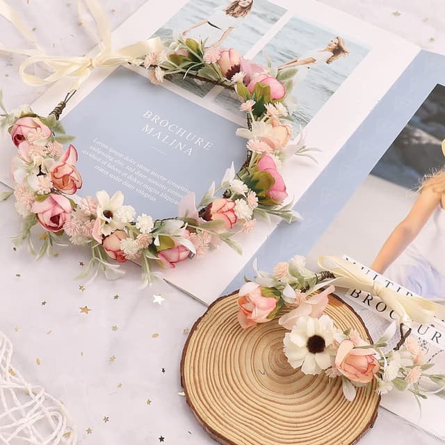 Detalle de Wedding Floral Girlande (Krone) Damen Blumen-Haarreif-Set mit Armband, verstellbar – rosa/beige