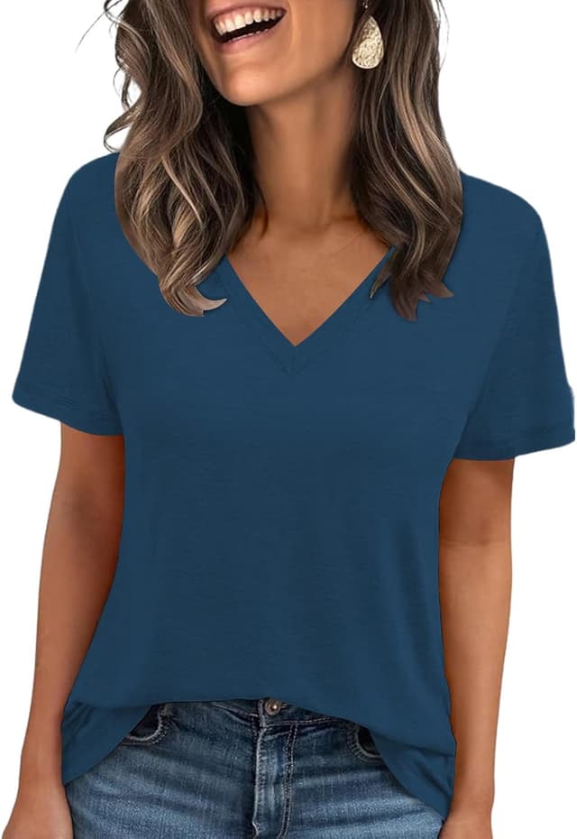Detalle 2 de Cuptacc Damen V-Ausschnitt Kurzarm Basic-T-Shirt – Sommerleichtes Casual-Top mit Stretch