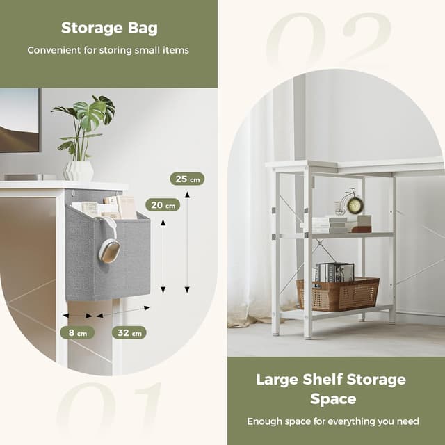 Detalle de Mericonia Small L-Shaped Desk with Power Outlets, 140x70 cm (White) with Reversible Shelves