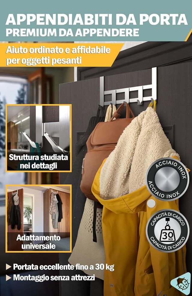Detalle de Menz appendiabiti per porta regolabile con 5 ganci in acciaio inox