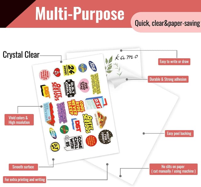 Detalle de Kamo Papier Autocollant Transparent 100% Premium A4 (30 feuilles) – étiquettes vinyle imprimables pour imprimantes laser & jet d’encre